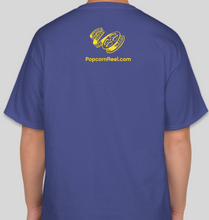 Load image into Gallery viewer, The Popcorn Reel Film Series yellow logo deep royal blue t-shirt
