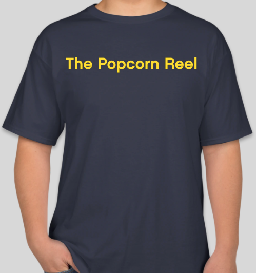 The Popcorn Reel Film Series yellow logo navy t-shirt