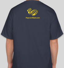 Load image into Gallery viewer, The Popcorn Reel Film Series yellow logo navy t-shirt
