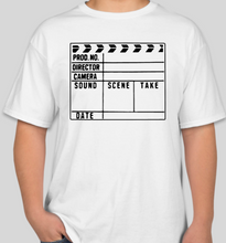 Load image into Gallery viewer, The Popcorn Reel Film Series AN UNFINISHED TAKE clapperboard/film slate black t-shirt
