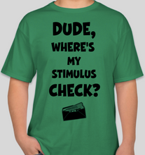Load image into Gallery viewer, The Politicrat Daily Podcast &quot;Dude, Where&#39;s My Stimulus Check?&quot; green unisex t-shirt
