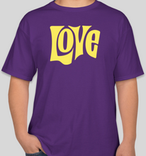 Load image into Gallery viewer, The Politicrat Daily Podcast Love In Retro purple/lemon unisex t-shirt
