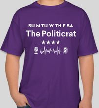 Load image into Gallery viewer, Official The Politicrat Daily Podcast Show Shirt (purple/white)
