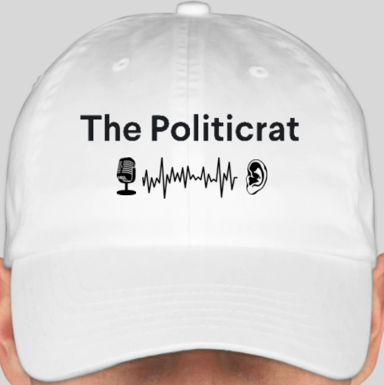 The Politicrat Daily Podcast official embroidered bio-washed baseball hat (white)