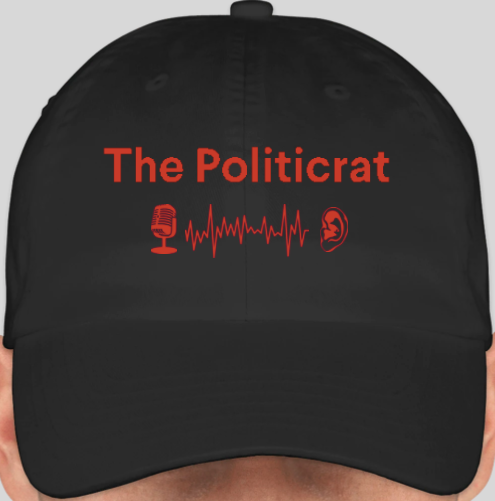 The Politicrat Daily Podcast official embroidered bio-washed baseball hat (black/red)