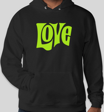 Load image into Gallery viewer, The Politicrat Daily Podcast Love in Retro EcoSmart 50/50 black/lime green Pullover Hoodie
