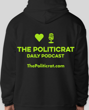 Load image into Gallery viewer, The Politicrat Daily Podcast Love in Retro EcoSmart 50/50 black/lime green Pullover Hoodie
