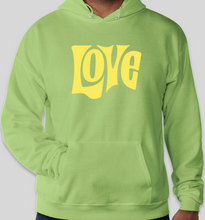 Load image into Gallery viewer, The Politicrat Daily Podcast Love in Retro EcoSmart 50/50 Lime green Pullover Hoodie
