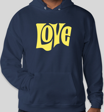 Load image into Gallery viewer, The Politicrat Daily Podcast Love in Retro EcoSmart 50/50 navy Pullover Hoodie
