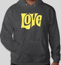 Load image into Gallery viewer, The Politicrat Daily Podcast Love in Retro EcoSmart 50/50 charcoal Pullover Hoodie
