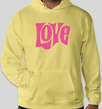 Load image into Gallery viewer, The Politicrat Daily Podcast Love in Retro EcoSmart 50/50 yellow/pink Pullover Hoodie
