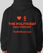 Load image into Gallery viewer, The Politicrat Daily Podcast Love in Retro EcoSmart 50/50 Black/Orange Pullover Hoodie
