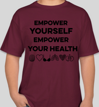 Load image into Gallery viewer, The Politicrat Daily Podcast Health And Self Empowerment maroon/black unisex t-shirt
